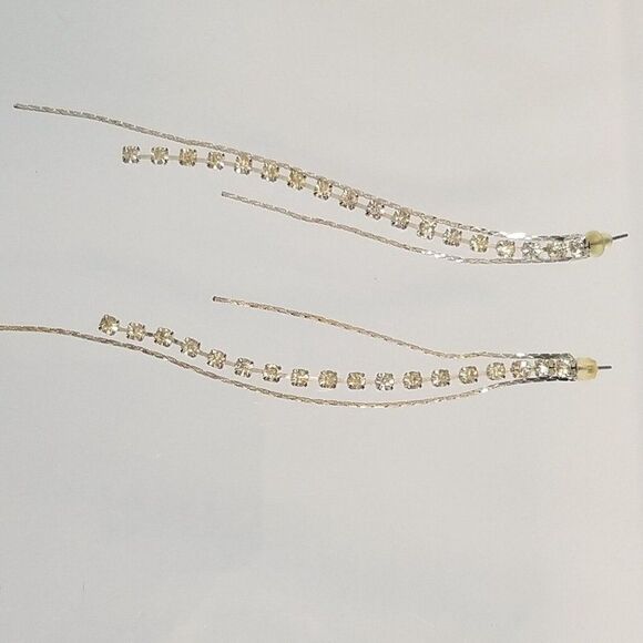 Crystal Rhinestones Silver Chains Dangling Drop Tassel Earrings 3 Strands 4" L - Picture 5 of 5